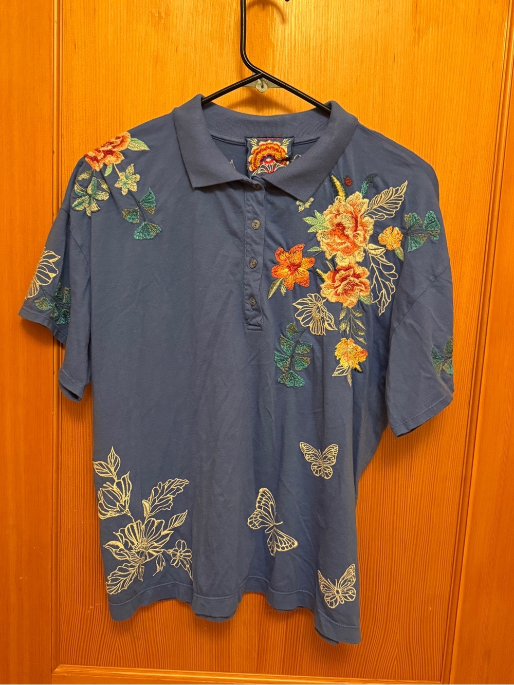 Johnny Was Lorne Polo Top with Butterfly and Floral Embroidery